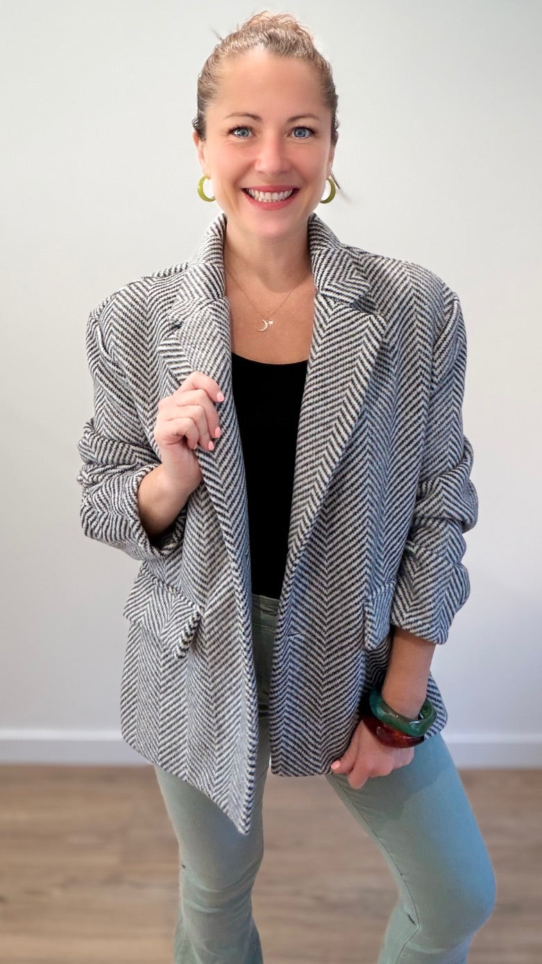 Manteau blazer à motif chevron - Noir et Blanc