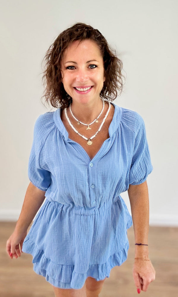 Combishort gaze de coton bleu