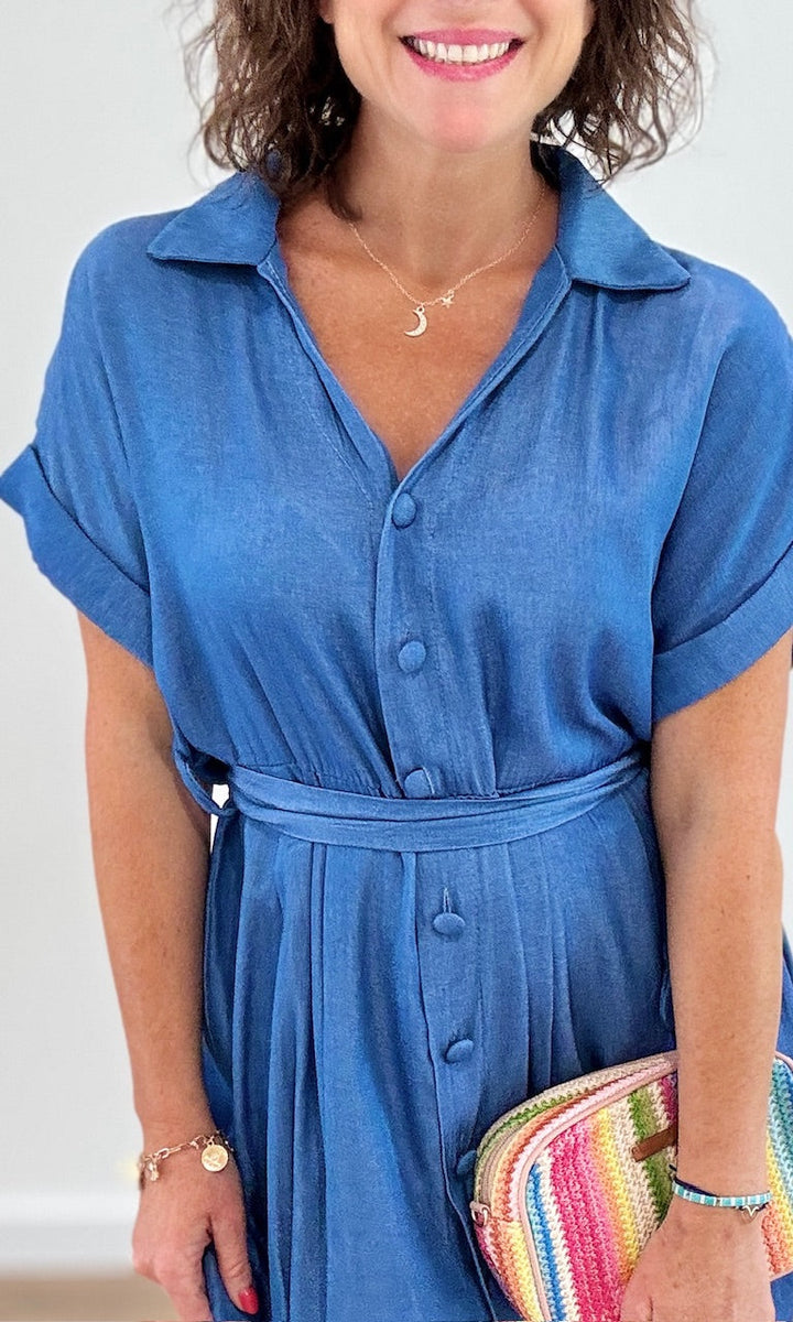 Robe chemise courte effet lin bleu jean Robes Miss Guapa