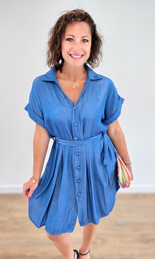 Robe chemise courte effet lin bleu jean