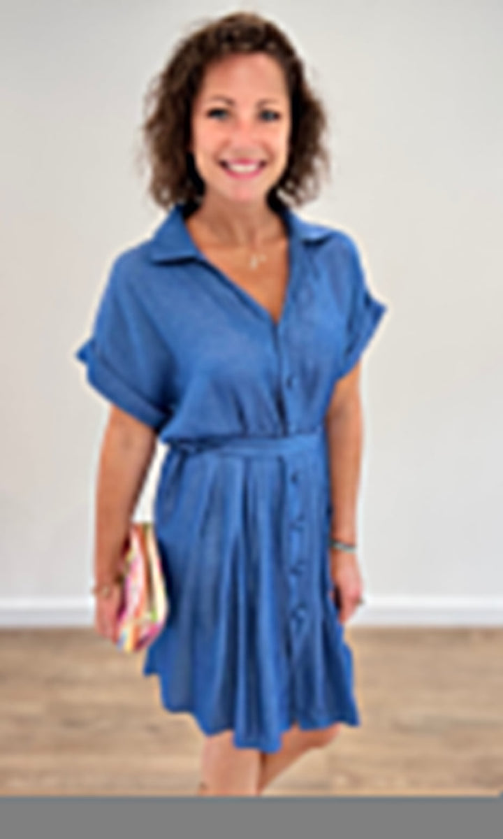 Robe chemise courte effet lin bleu jean Robes Miss Guapa