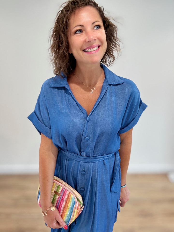 Robe chemise courte effet lin bleu jean Robes Miss Guapa