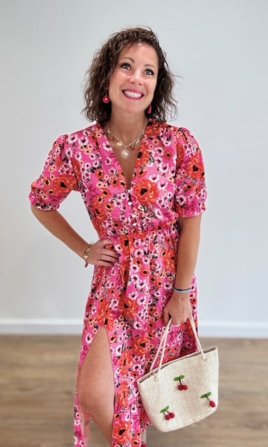 Robe longue fleurie Rose Fuchsia