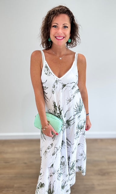 Robe longue blanche gaze de coton à imprimé floral vert