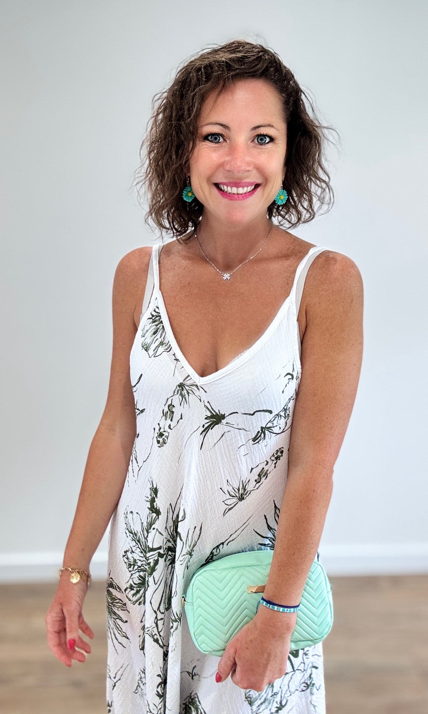 Robe longue blanche gaze de coton à imprimé floral vert Robes Miss Guapa