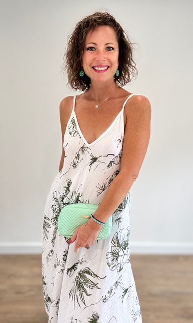 Robe longue blanche gaze de coton à imprimé floral vert Robes Miss Guapa