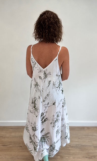 Robe longue blanche gaze de coton à imprimé floral vert Robes Miss Guapa