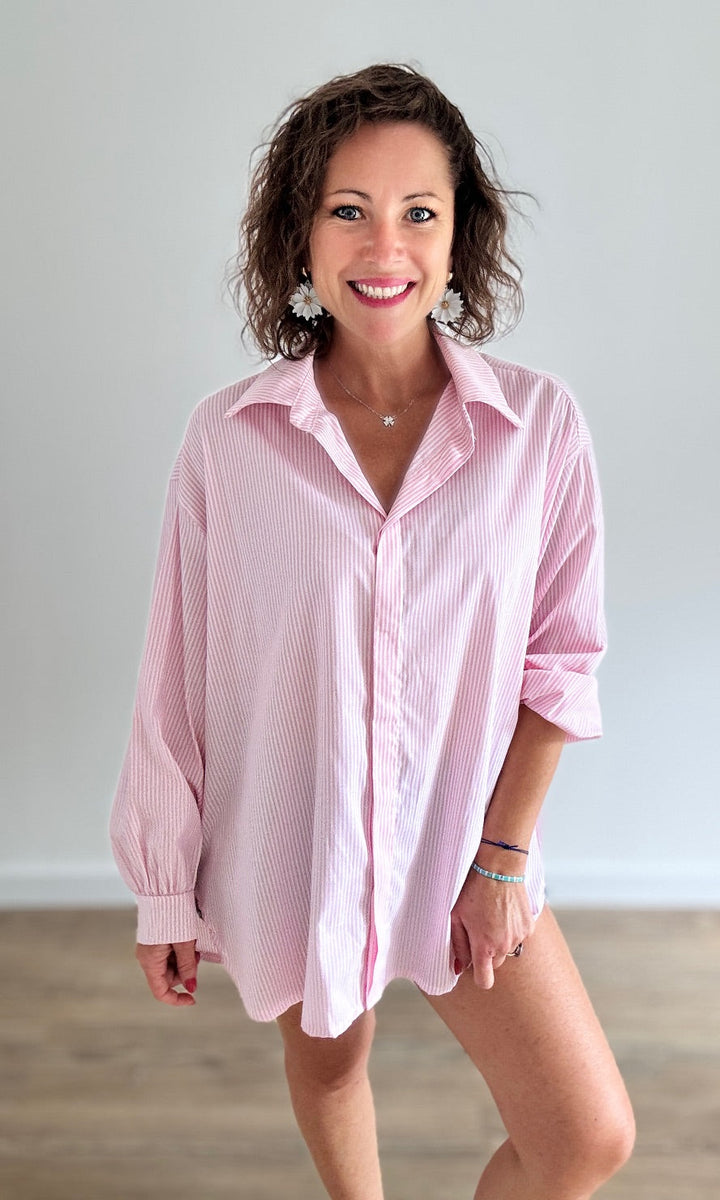 Chemise Oversize Rayée Rose Chemises et Blouses Miss Guapa