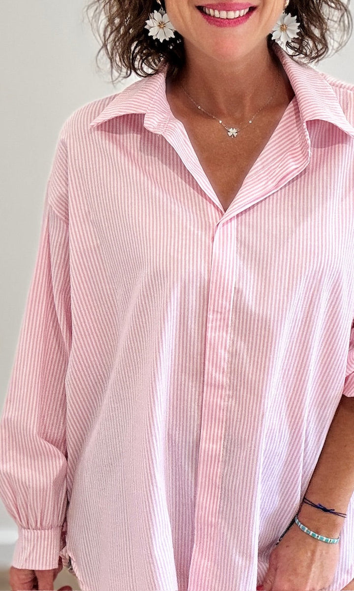 Chemise Oversize Rayée Rose Chemises et Blouses Miss Guapa