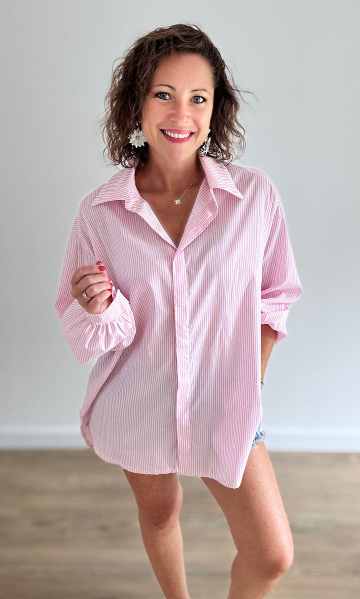 Chemise Oversize Rayée Rose Chemises et Blouses Miss Guapa