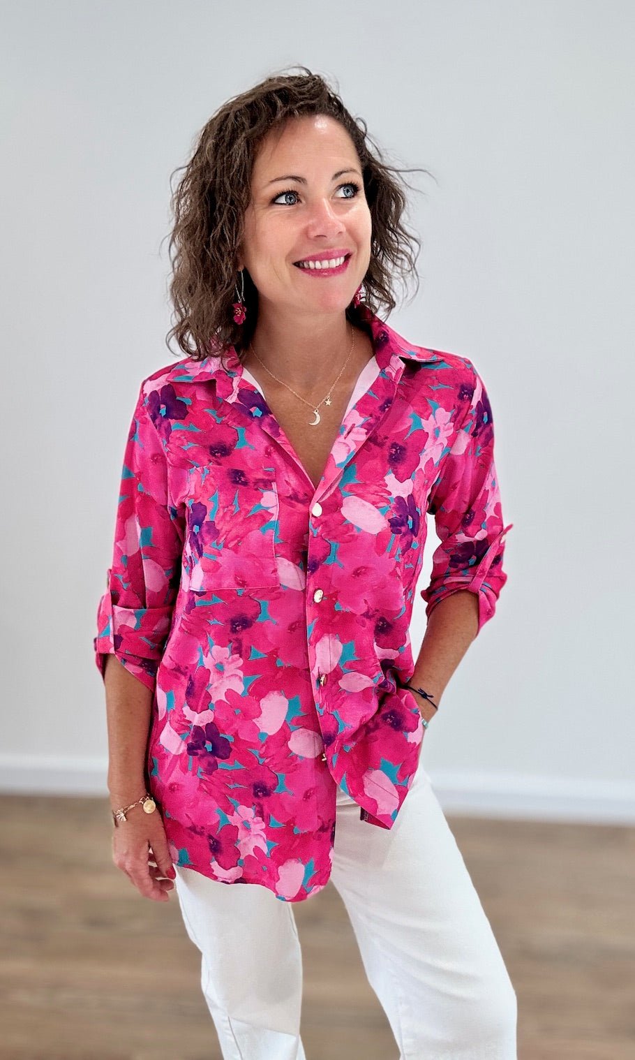 Chemise Fluide à Motifs Floraux Rose Fuchsia Chemises et Blouses Miss Guapa