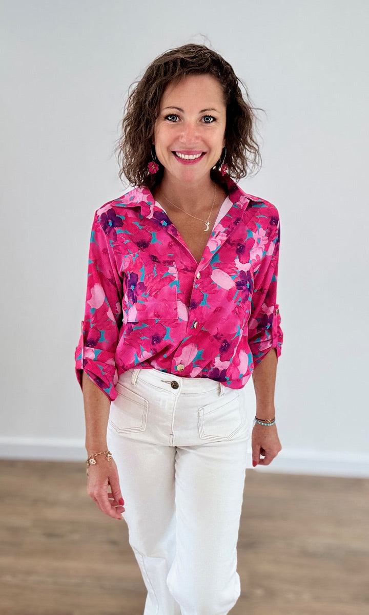 Chemise Fluide à Motifs Floraux Rose Fuchsia Chemises et Blouses Miss Guapa