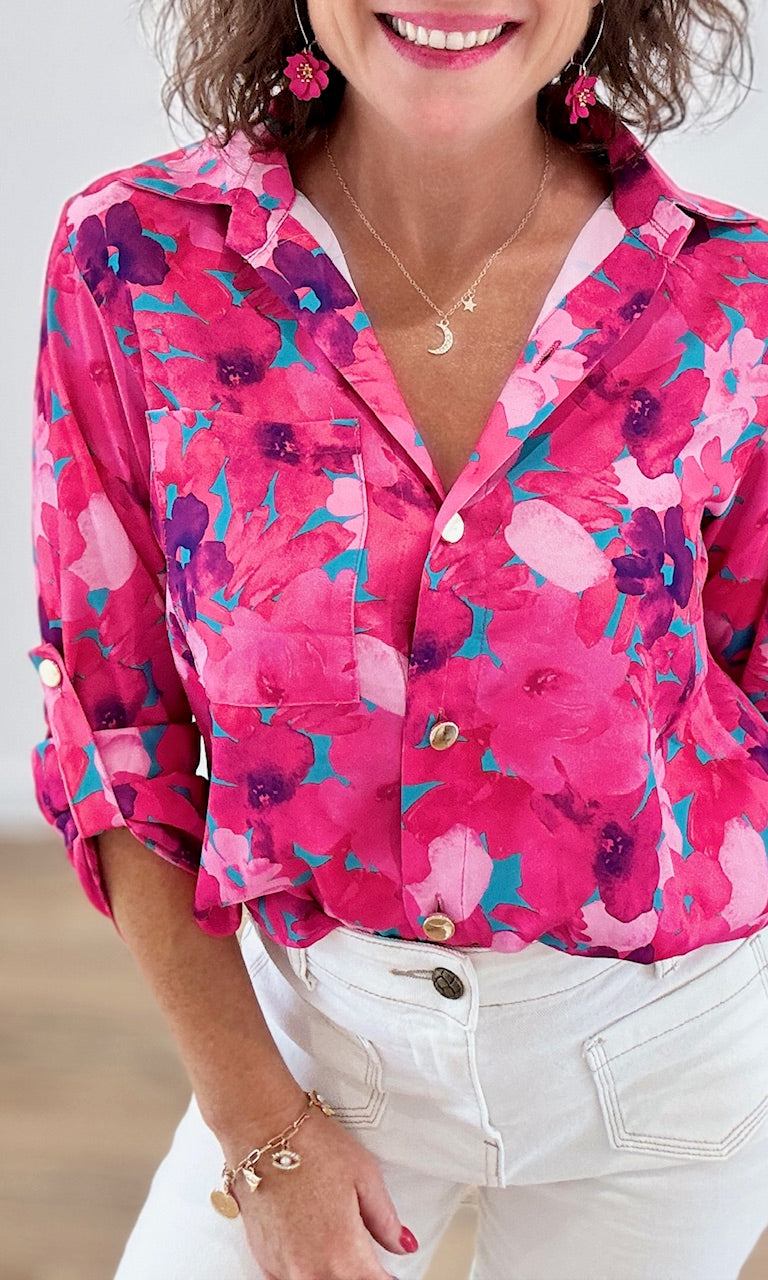 Chemise Fluide à Motifs Floraux Rose Fuchsia Chemises et Blouses Miss Guapa