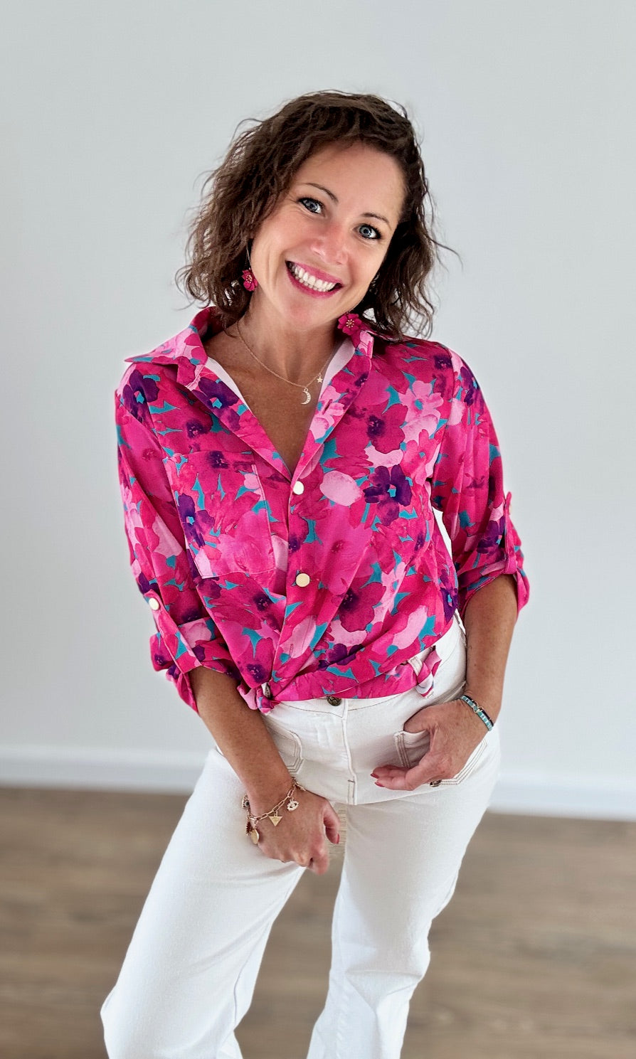 Chemise Fluide à Motifs Floraux Rose Fuchsia Chemises et Blouses Miss Guapa
