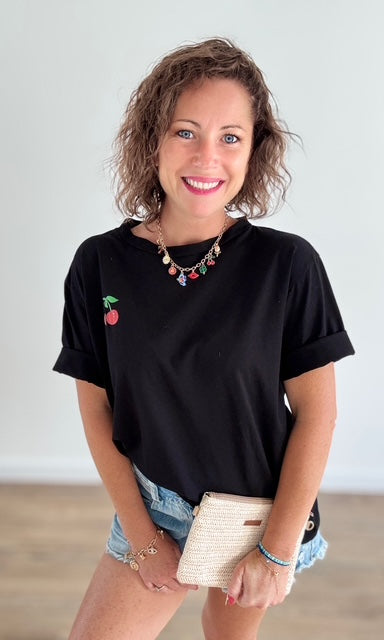 Tee-shirt Large Noir avec Flocage Cerise Tee-Shirt et Tops Miss Guapa