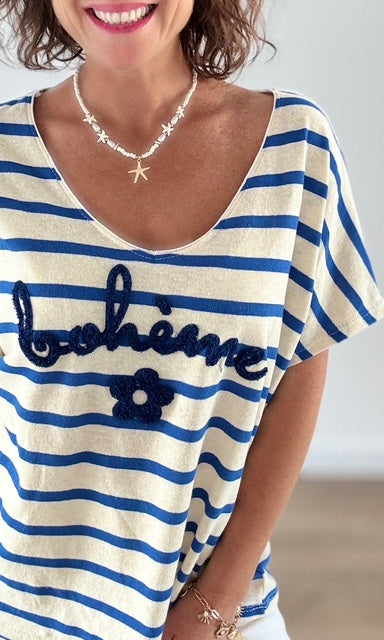 T-shirt beige à rayures bleu roi avec inscription "BOHÈME" en relief Tee-Shirt et Tops Miss Guapa