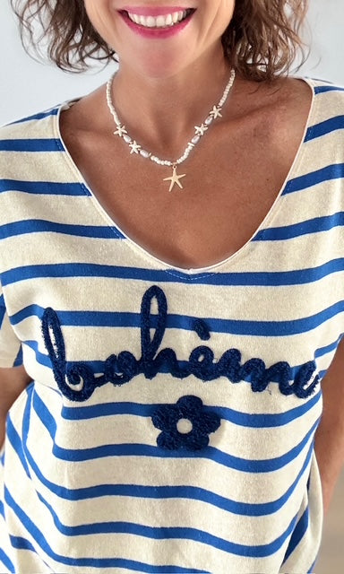 T-shirt beige à rayures bleu roi avec inscription "BOHÈME" en relief Tee-Shirt et Tops Miss Guapa