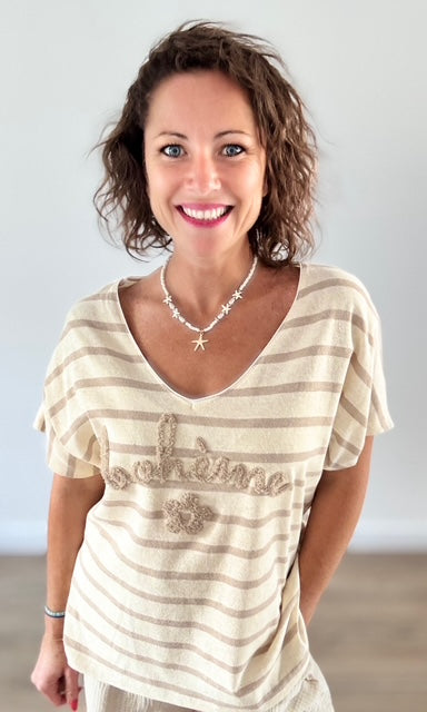 T-shirt beige à rayures bleu roi "BOHÈME" en relief Tee-Shirt et Tops Miss Guapa
