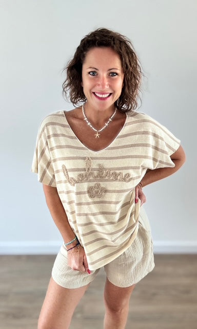 T-shirt beige à rayures bleu roi "BOHÈME" en relief Tee-Shirt et Tops Miss Guapa