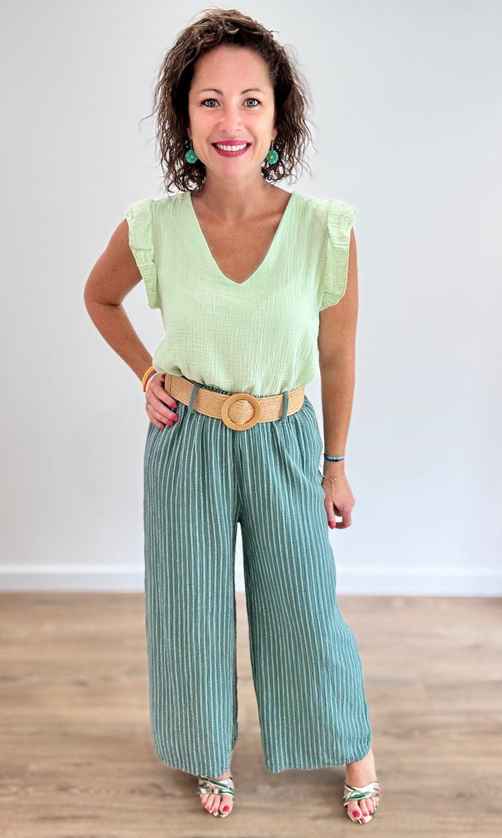 Pantalon large vert céladon à rayures blanches en gaze de coton Pantalons et Jeans Miss Guapa