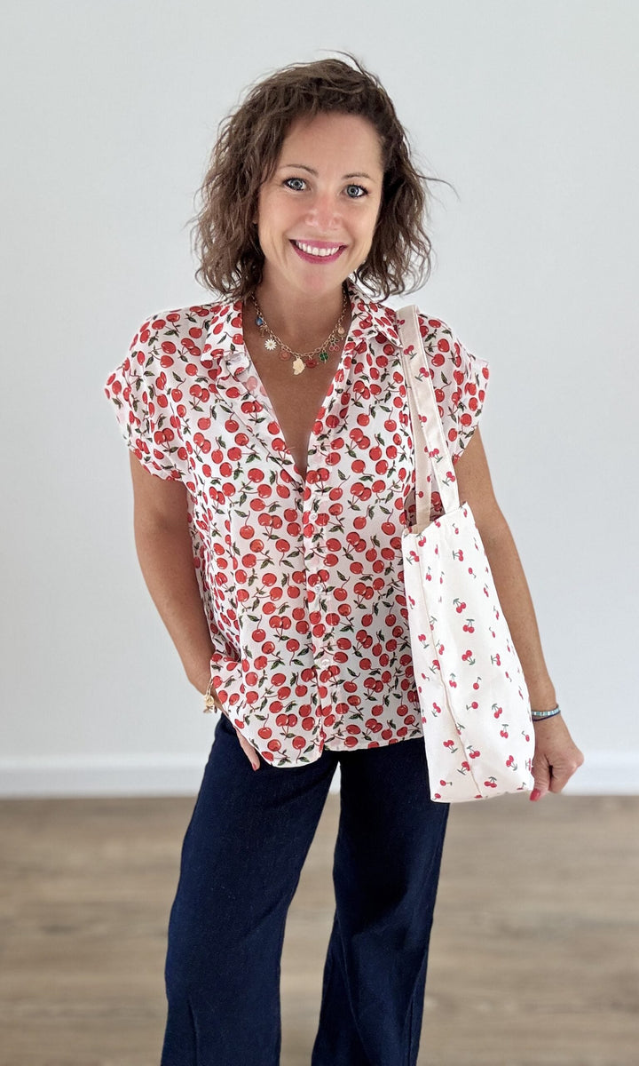 Chemisier Sans Manches Blanc à Cerises Rouges Chemises et Blouses Miss Guapa