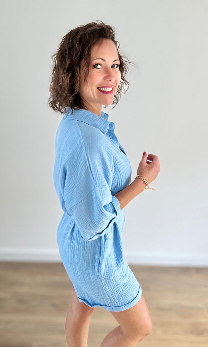 Combishort bleu ciel en gaze de coton Jupes - Shorts - Combishorts Miss Guapa