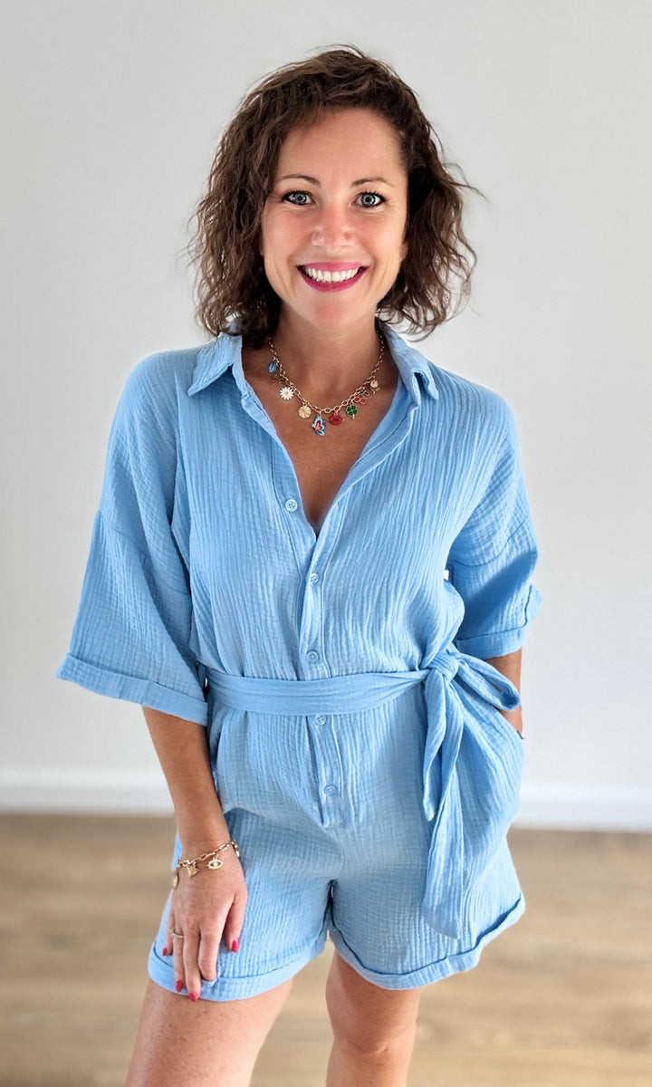 Combishort bleu ciel en gaze de coton Jupes - Shorts - Combishorts Miss Guapa