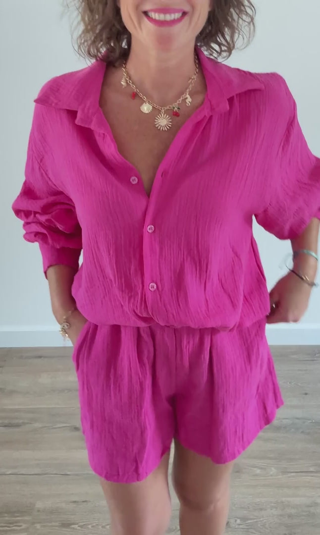 Ensemble 2 pièces gaze de coton rose fuchsia