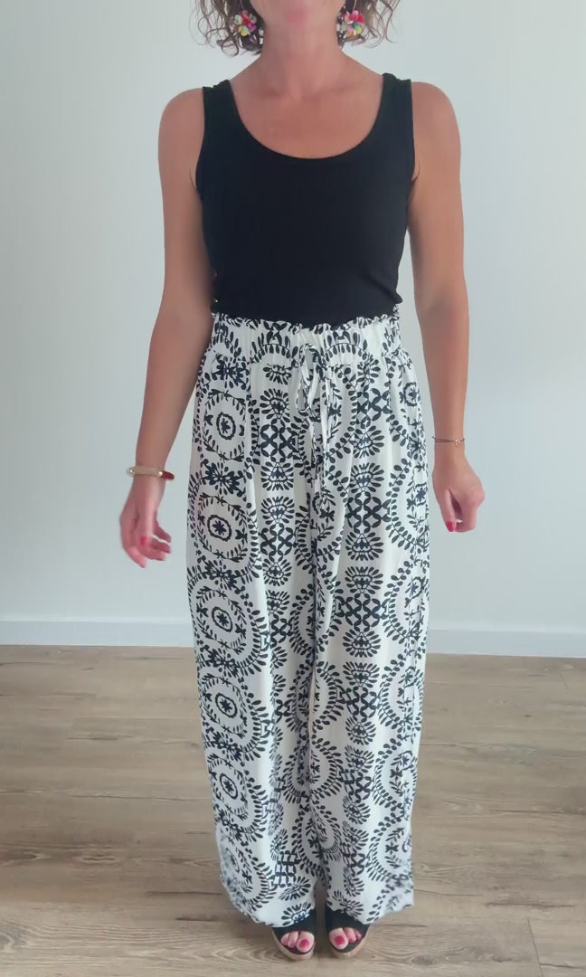 Pantalon Fluide Blanc Imprimé Bleus