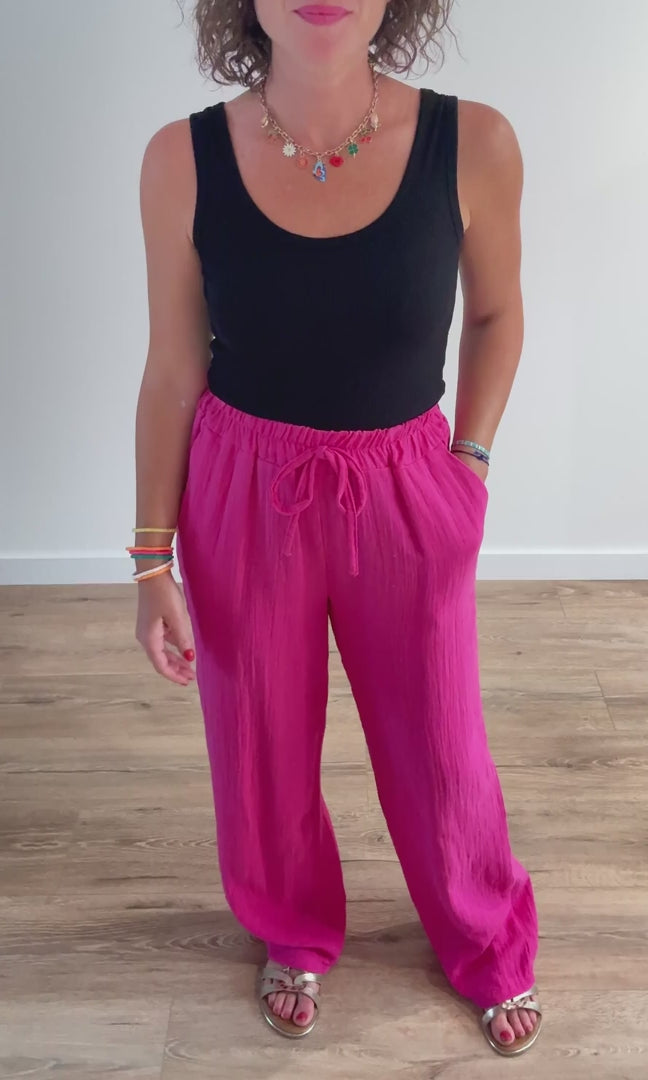 Pantalon fluide rose fuchsia en gaze de coton