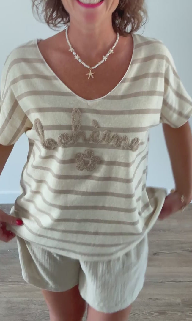 T-shirt beige à rayures beige "BOHÈME" en relief