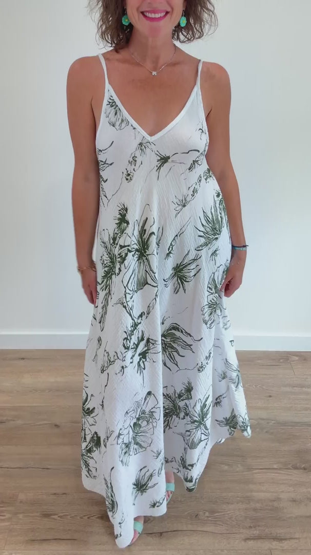 Robe longue blanche gaze de coton à imprimé floral vert