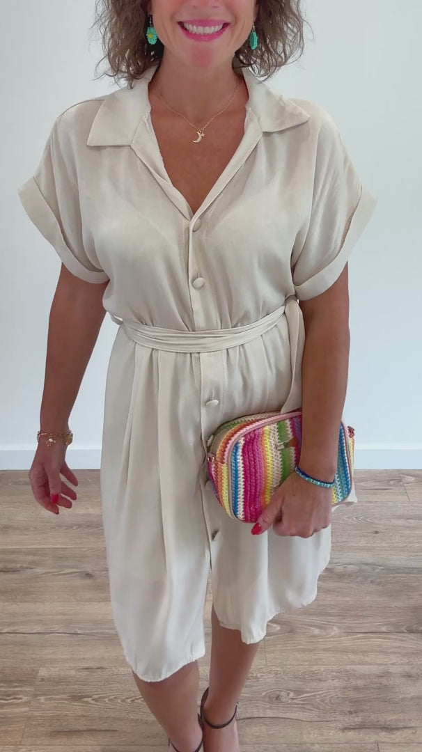 Robe chemise courte effet lin beige