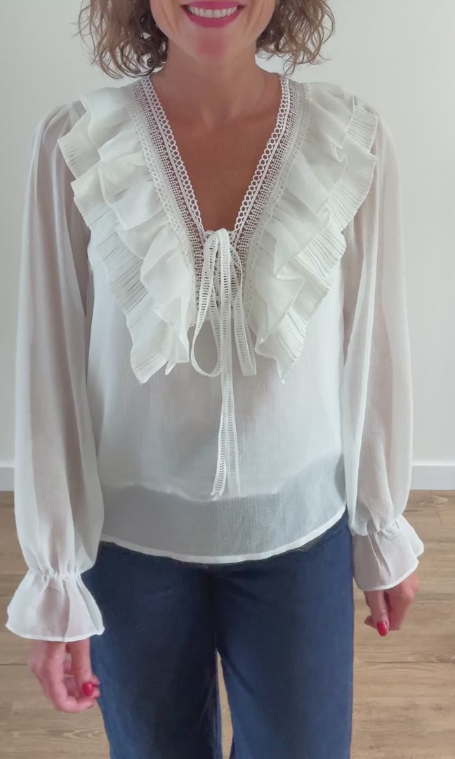 Blouse Blanche Transparente à Volants