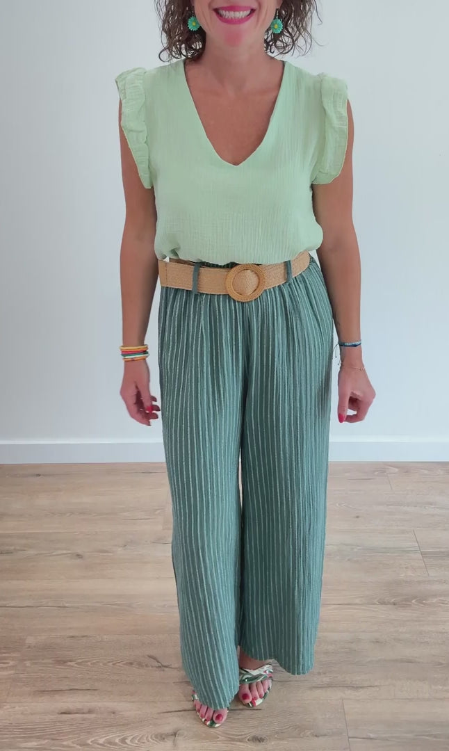 Pantalon large vert céladon à rayures blanches en gaze de coton