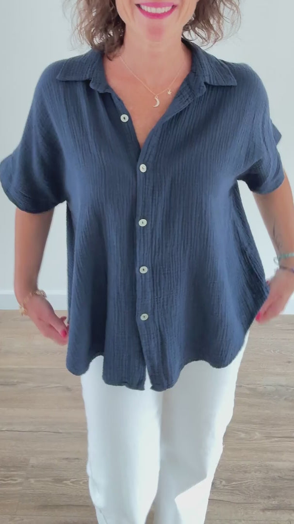 Chemise fluide oversize en gaze de coton bleu marine