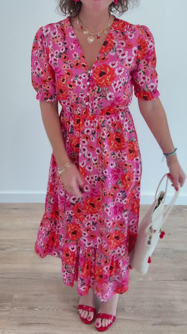 Robe longue fleurie rose fuchsia