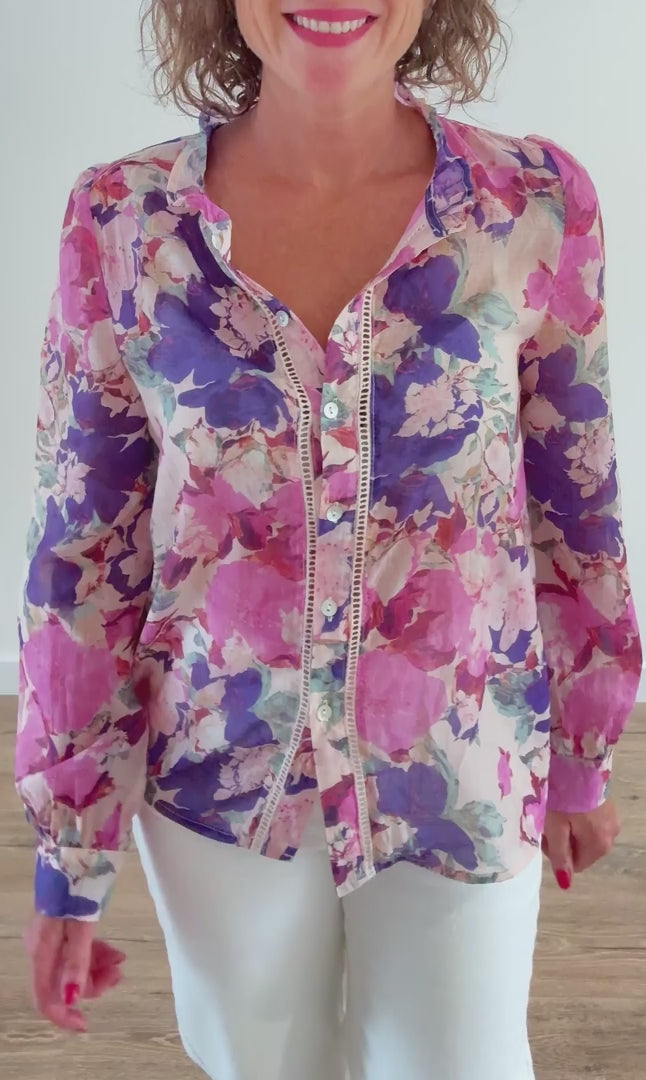 Chemise Fleurie Transparente Violet et Rose