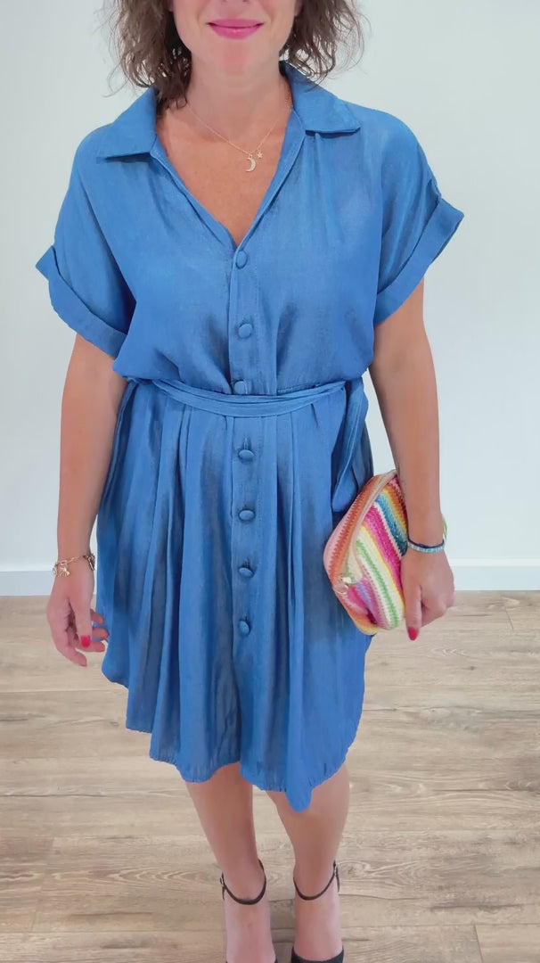 Robe chemise courte effet lin bleu jean