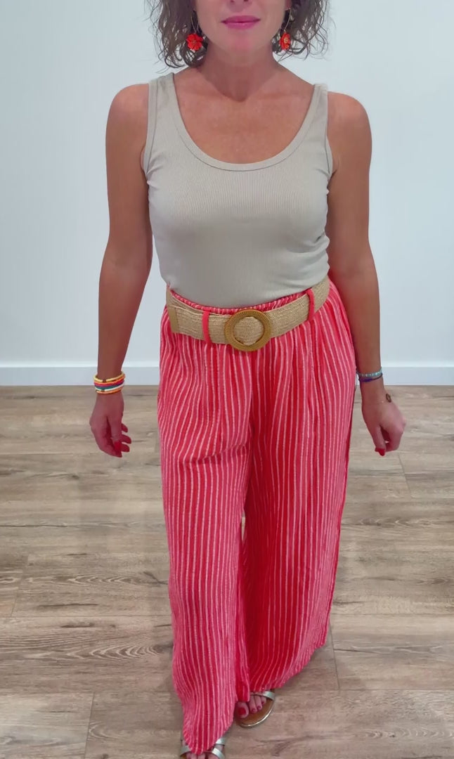 Pantalon large corail à rayures blanches en gaze de coton
