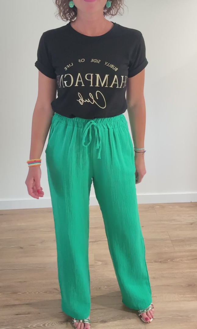 Pantalon fluide vert en gaze de coton