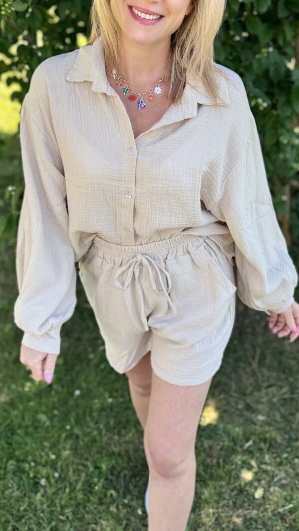 Ensemble short chemise en gaze de coton SOLANGE - Beige