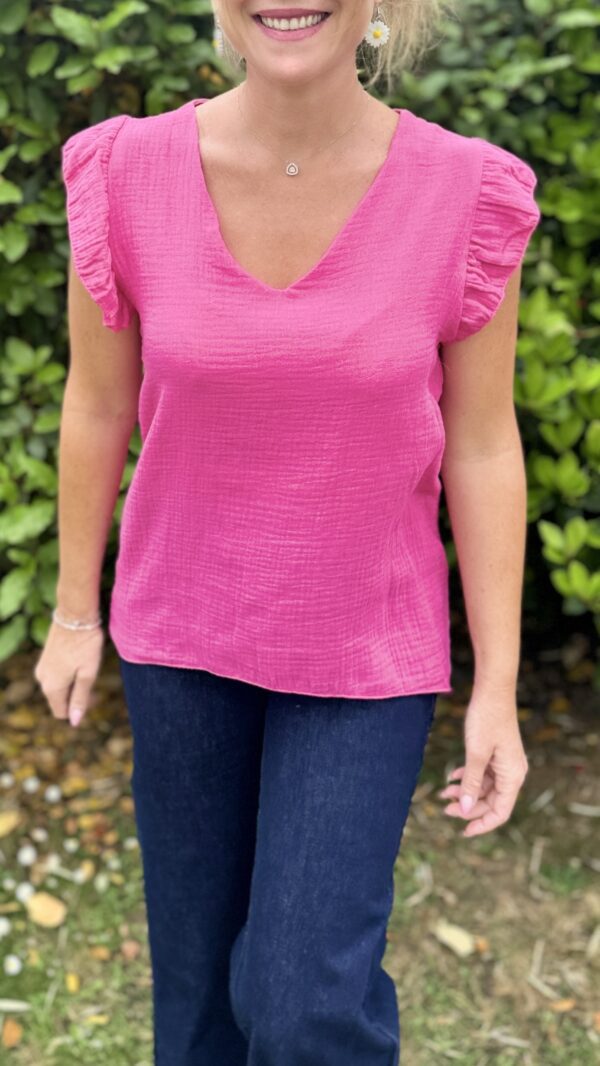Top col V en gaze de coton BERENICE - Rose fuchsia